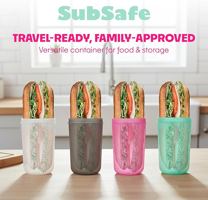 SubSafe 3-Piece Sub Sandwich Container, Hot Pink - As Seen on Shark Tank - Waterproof, Crushproof, BPA-Free Food Storage that Floats - Fits 6 & 12 in Subs - Great for Travel, Beach, Camping