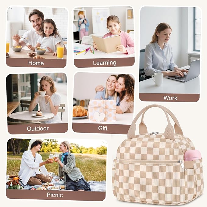 KUBYA Lunch Box for Women, Cute Corduroy Insulated Lunch Bag Women Reusable Work Simple Adults Large Lunch Boxes Tote Bag Men Cooler Bag