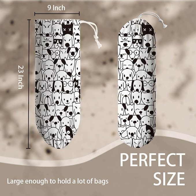 Dog Plastic Bag Holder, Cute Dogs Reusable Shopping Bags Storage Dispenser, Fabric Garbage Trash Bag Dispenser for Home Kitchen Pantry Cabinet, Wall Mount, Kitchen Housewarming Gifts