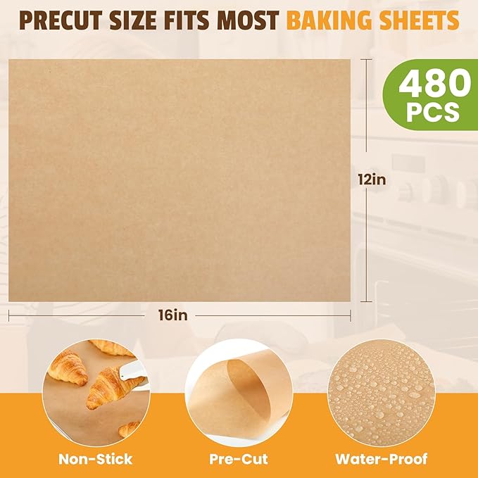 CAREGY 480Pcs Unbleached Parchment Paper Sheets, 12 x 16 Inch,Precut Non-Stick Parchment Paper for Baking,Cooking, Grilling, Air Fryer and Steaming,Fit for Half Sheet Pans