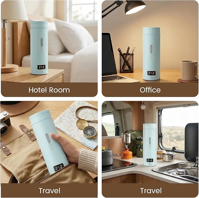 Portable Electric Kettle for Travel, Small Hot Water Kettle with NTC Temperature Control and Auto Shut-Off, 316 Stainless Steel, Blue 120V & 15oz