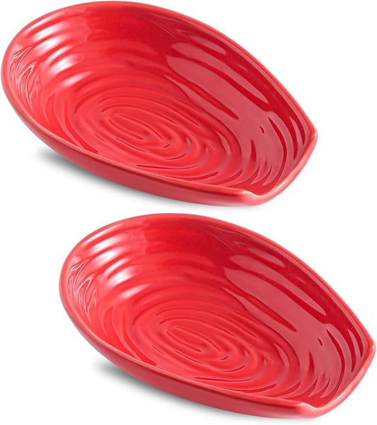 Hasense Spoon Rest Set of 2 for Stove top, Cooking Spoon Holder for Kitchen Counter, Ceramic Utensil Rest for Ladle, Spatula, Tong and Spoon, Heat-Resistant Spatula Holder, Red