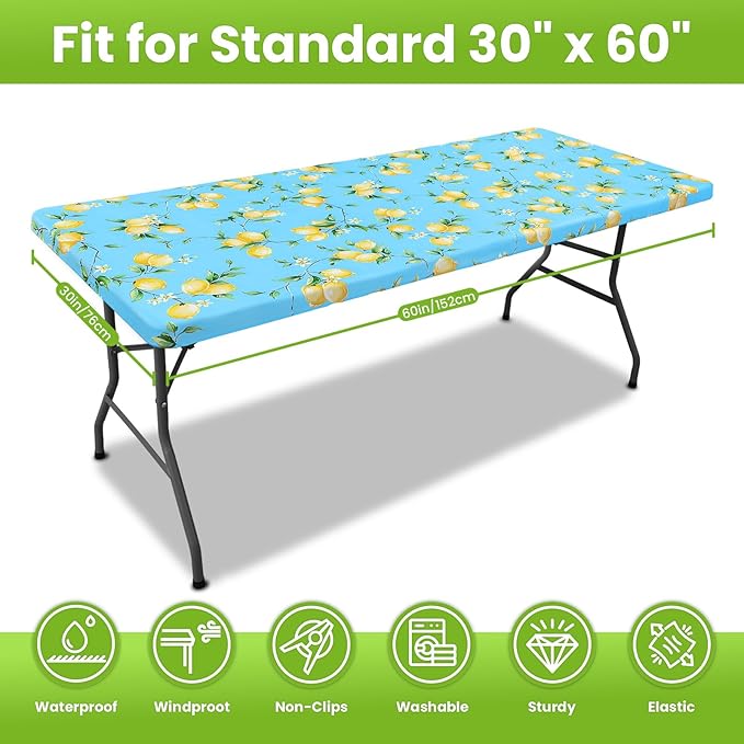 Smiry Spandex Fitted Tablecloth for 5 Foot Rectangle Tables, Washable Picnic Table Cover with Elastic, Stretch Reusable Table Cloth for Outdoor, Camping, Dining & Kitchen (Lemon, 30"x60")
