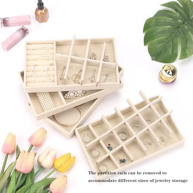 Velvet Jewelry Organizer for Drawer, Stackable Jewelry Drawer Inserts in Dresser, 8in Beige Storage Display Case for Rings Stud Necklaces Accessories, Set of 8