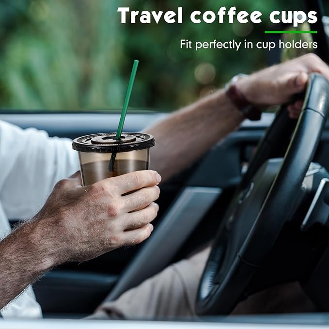 Baderke 25 Set Plastic Cups with Lids and Straws, Disposable Plastic Iced Coffee Cup for Cold Beverage Juice Smoothie Crystal for Coffee Shops Party Catering(Black,14 oz)