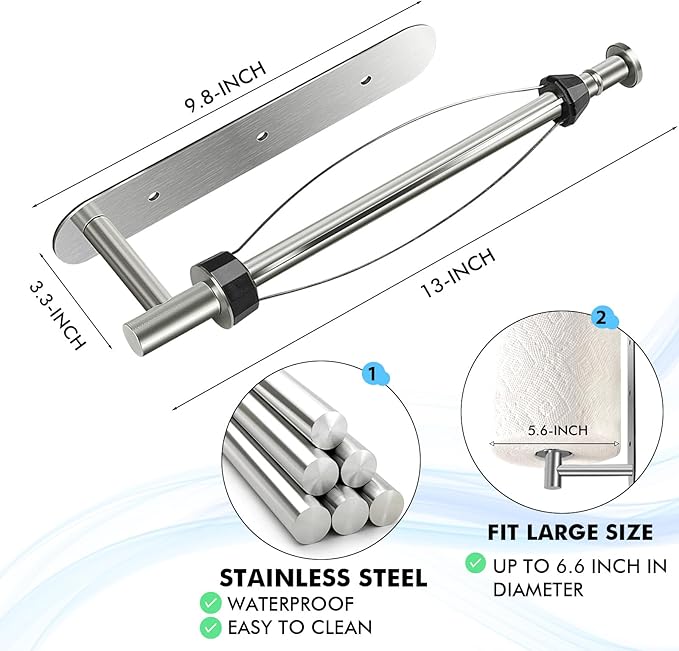 KIHOGEM Magnetic Paper Towel Holder, One Hand Operable Paper Towel Holder Wall Mount with Strong Magnetic Backing and Self-Adhesive for Kitchen Refrigerator RVs Grill Garage(Silver)