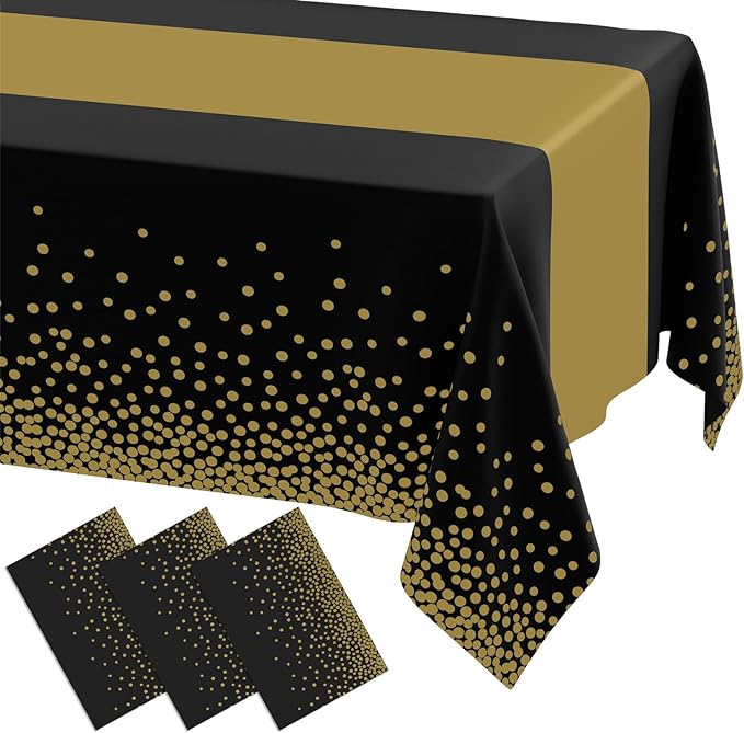 Smiry Plastic Table Cloth Disposable 3 Pack, 54 x 108 Inch Rectangle Waterproof Tablecloth, Printed Gold Table Runner Style for Birthday Weeding, Party Decorations, Leakproof & Sturdy, Black and Gold