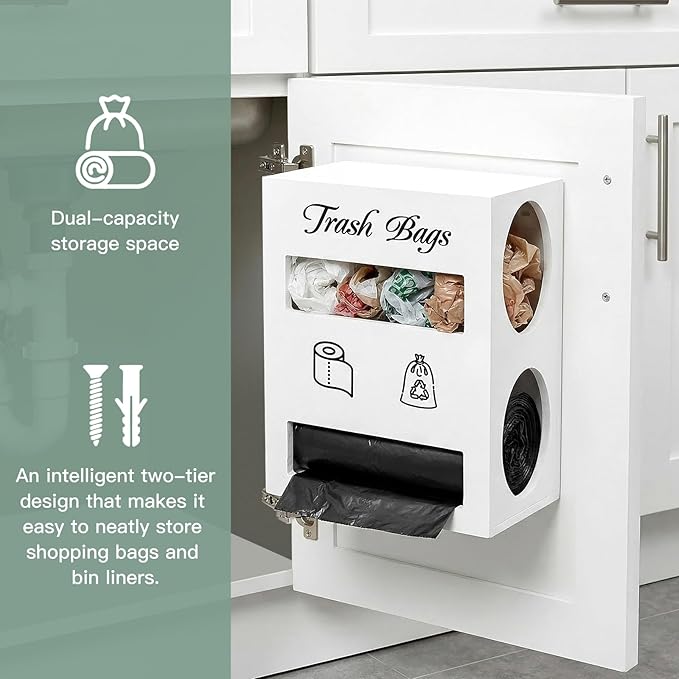 2 in 1 Trash Bag Dispenser, Double Wall Mounted,Wood Trash Bag Holder, used in kitchen, garage, laundry room, can store Environmentally friendly food bags and garbage bags (White/Large)