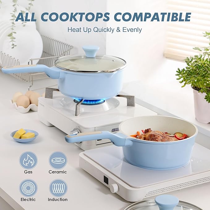 SENSARTE Ceramic Nonstick Saucepan with Lid 2.0 Quarts, Small Cooking Pot with Stay Cool Handle, Induction Compatible, Ceramic Coating, Free of Intentionally Added PTFE/PFOA/PFAS, Glacier Blue