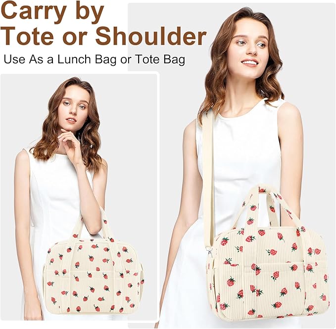KUBYA Corduroy Lunch Box Lunch Bag for Women Adults Men, Cute Strawberry Insulated Work Reusable Leakproof Simple Large Lunch Boxes Tote Bag Adults Cooler Bag, with Shoulder Strap