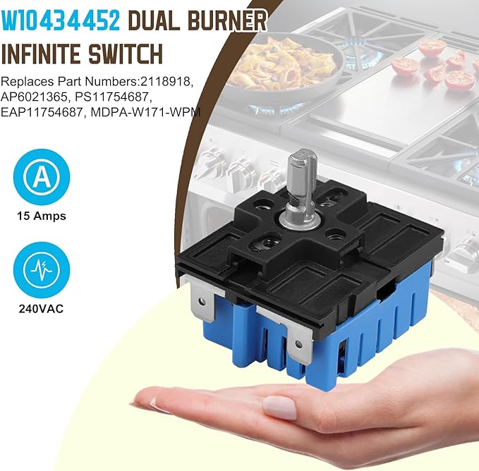 W10434452 WPW10434452 Dual Burner Infinite Switch Replace Parts for PS11754687 PS3503258 AH3503258 EA3503258 AP6021365 2118918 Fits for Whirpool and Other Ranges Stoves