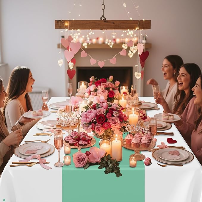 Smiry Plastic Table Cloth Disposable 5 Pack, 54 x 108 Inch Rectangle Waterproof Tablecloth, Printed Gold Table Runner Style for Birthday Weeding, Party Decorations, Leakproof & Sturdy, White and Teal