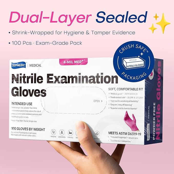 Supmedic Nitrile Exam Gloves, 4 Mil 100 Pcs Powder-Free Latex-Free Cooking Food-Safe Disposable Medical Gloves, Rose Orchid