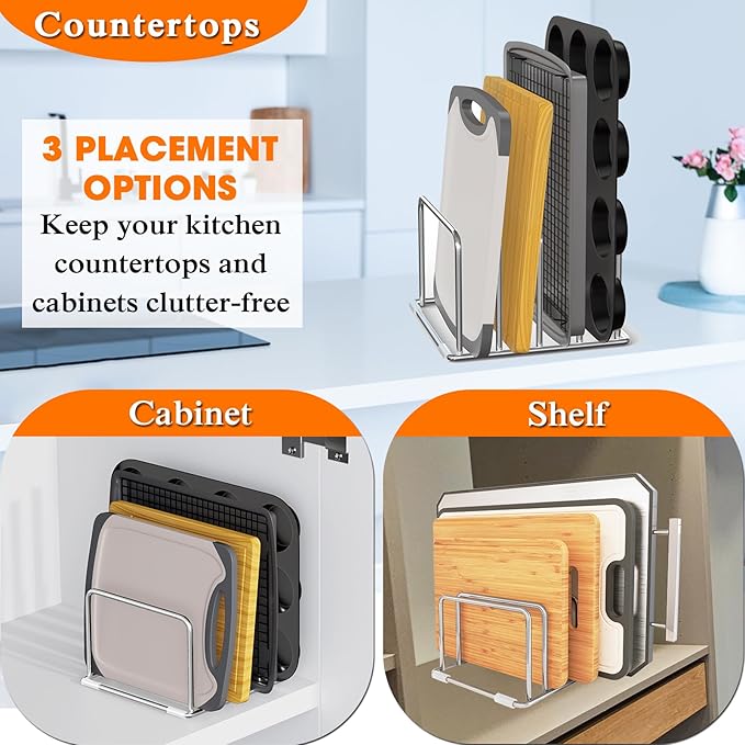 304 Stainless Steel Cutting Board Organizer Rack – Rustproof Compact 4-Slot Holder for Thin Cutting Boards and Plates – Premium Kitchen Storage Solution for Countertops and Cabinets