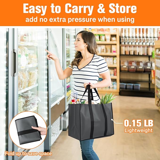 WISELIFE Reusable Grocery Bags with Handles - 8 Pack, 35L Large Shopping Bags for Groceries, Water-Resistant & Foldable Grocery Totes for Lasting Use for Kitchen, Market, Car Trunk, Picnic (Gray)