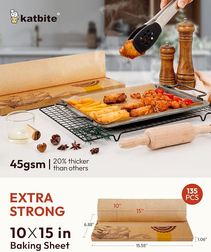 katbite 135Pcs 45 gsm Pop-Up Parchment Paper Sheets, Heavy Duty & Non-stick,10x15 In Pre-cut Unbleached Parchment Paper for Baking, Pop-Up Paper Dispenser for Cooking Wrapping Space-saving
