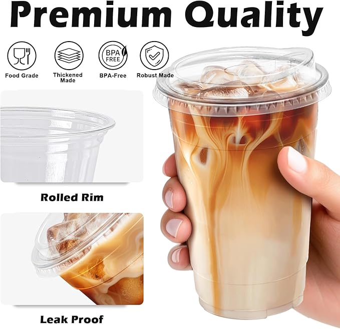 Clawsoff 20 oz 100 Pack Clear Plastic Cups with Lids, Sturdy Iced Coffee Cups with Sip Lids, Disposable Food Safe Smoothie Cup for Cold Drinks, Juice, Milkshake