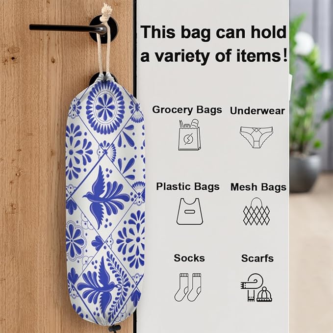 Mexican Talavera Bird Mandala Boho Plastic Bag Holder, Wall Mount Grocery Bag Holder Plastic Bag Dispenser Garbage Bag Organizer Shopping Bags Carrier for Home Kitchen Decor, Gifts for Women Mom