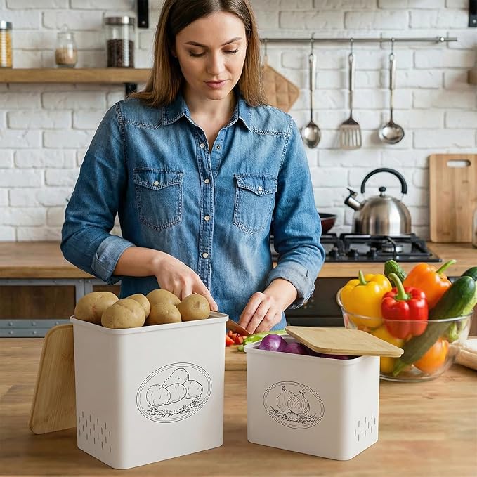 Lifewit Plastic Potato and Onion Storage Bin, Stackable Garlic Keeper with Aerating Holes and Lid, Vegetable Container Box for Pantry Countertop, White, 24 x 18 x 24 cm/9.5 x 7 x 9.5 inch, Set of 2