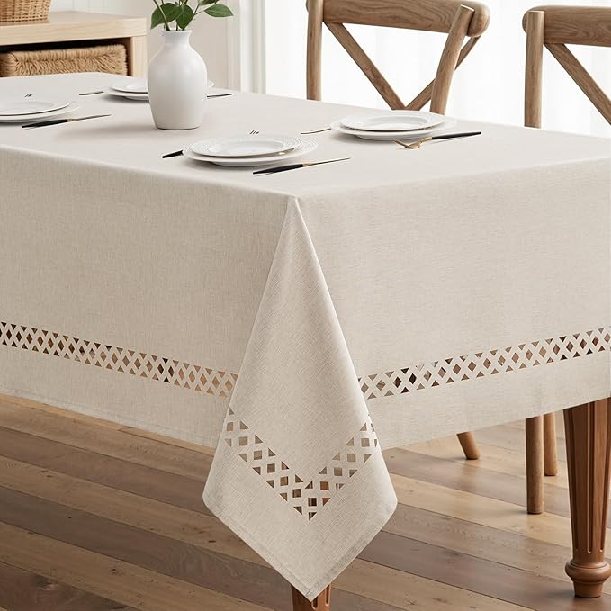 MIULEE Beige Rectangle Linen Polyester Tablecloth with Decorative Cutouts Spring Waterproof Stain Resistant & Shrink-Proof Table Cloth 60x120 inch Farmhouse Style for Dining Wedding and Outdoor