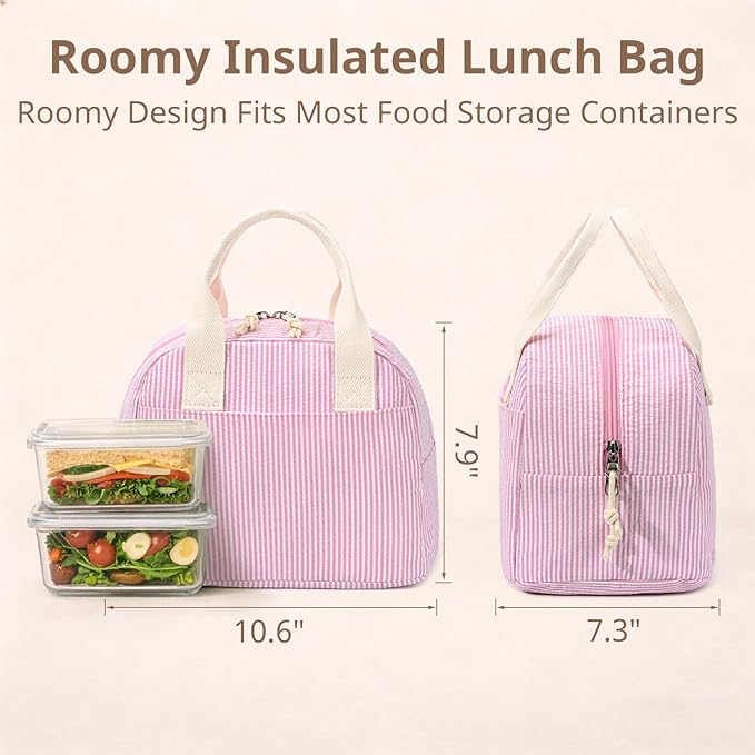 LOVELYWIND Insulated Lunch Bag for Women, Reusable Pink Striped Lunch Box Cooler Bag with Large Capacity, Durable Lunch Tote for Work