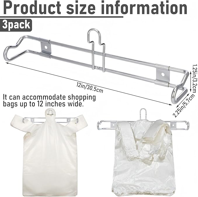 3 Pack Wall Mount Plastic Grocery Bag Holder T-shirt Bag Rack with Screws Chrome Metal Dispenser for Supermarket Store Restaurant Organization