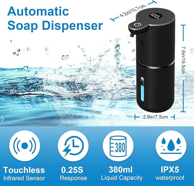 OHIFAST Automatic Liquid Soap Dispenser Touchless, USB Rechargeable Smart Hand Soap Dispenser, 6-Level Adjustable, 12.8oz/380mL, Compatible with Thick Thin Dish Soap for Bathroom Kitchen-Black