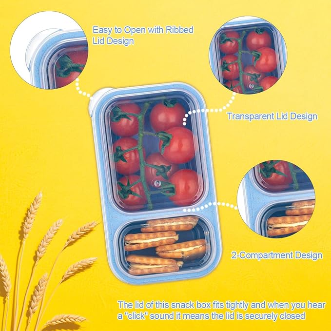 DOSEWART 2-Compartment Reusable Snack Containers with Lids, Wheat Straw Reusable Snack Packs for Food Storage Meal Prep On-the-Go Snacking(3Pack)
