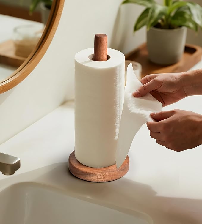 KitchLife Acacia Wooden Paper Towel Holder Countertop - Freestanding Paper Towel Dispenser Stand Organizer with Anti-Skid Base