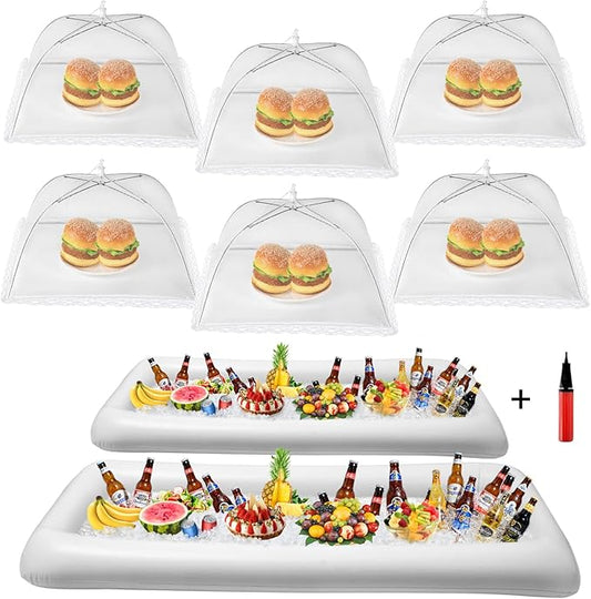 HBlife Inflatable Serving Bar & Mesh Food Cover Combo Set, Party Supplies for Buffet Food Drink Outside, 2 Inflatable Cooler, 6 Food Tents/Food Covers for Outdoors
