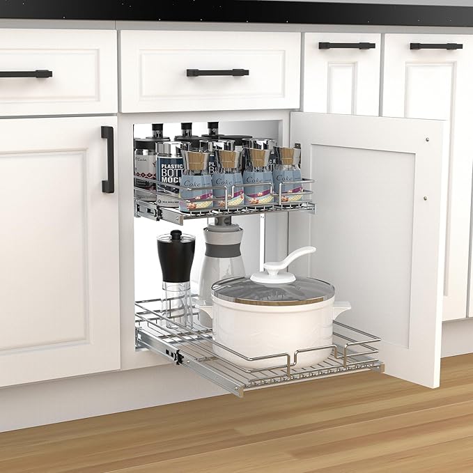 2 Tier Pull Out Cabinet Organizer, 23" W x 21" D Heavy-Duty Metal Sliding Drawer Shelf for Kitchen Cabinets, Chrome, Doesn't Include Door Fittings