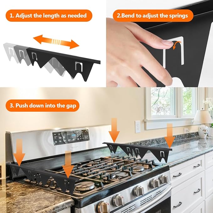 FLSEPAMB Stainless Steel Stove Gap Covers (2 Pack), Adjustable Oven Side Gap Filler, Heat Resistant, Easy to Clean for Countertop and Electric Stove, Adjustable Length 13.8'' to 27.5'', Width 0.79"