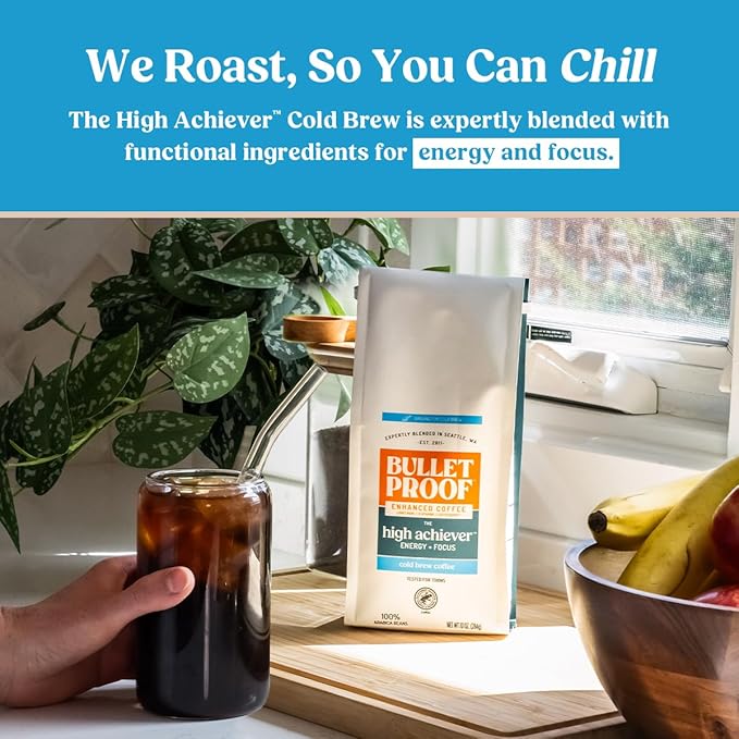 Bulletproof High Achiever Mushroom Cold Brew Coffee, Coarse Ground with Lion's Mane, B Vitamins & Adaptogens, Energy and Focus, Medium-Dark Roast, 10 oz