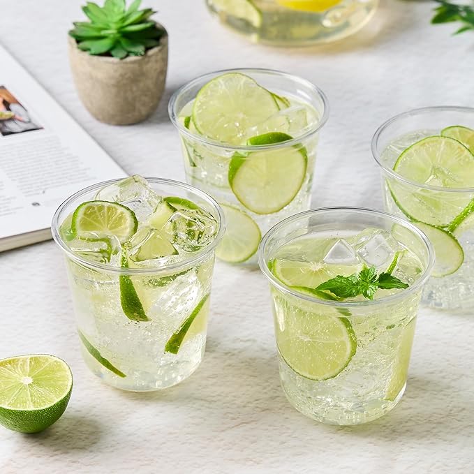 Soelomu 12 oz Disposable Stemless Wine Glasses, 100 Pcs Crystal Plastic Cocktail Cups Clear Classic Cold Drinking Party Glasses for Wedding Gathering Birthday Meeting (Clear)