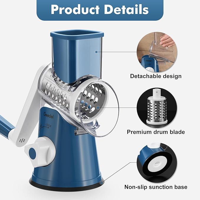 Geedel Rotary Cheese Grater, Kitchen Mandoline Vegetable Slicer with 3 Interchangeable Blades, Easy to Clean Rotary Grater Slicer for Fruit, Vegetables, Nuts