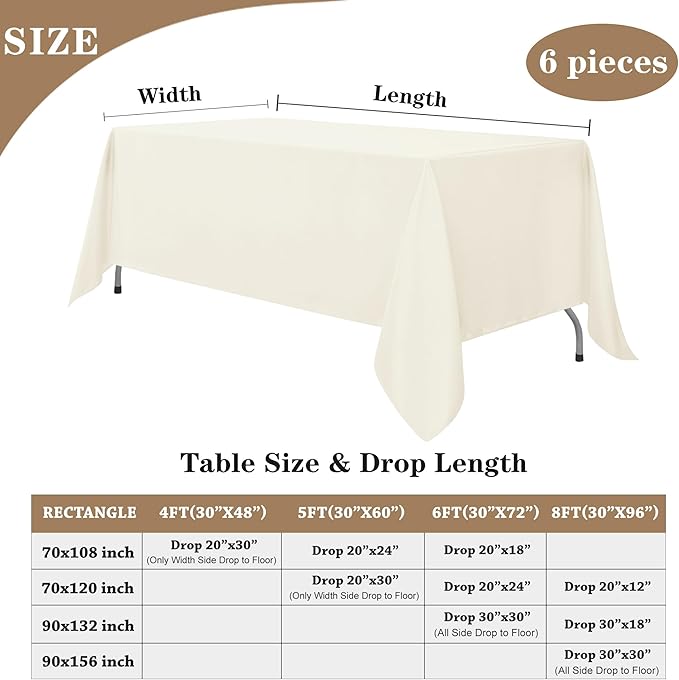 Fitable Ivory Rectangle Tablecloths for 6 Foot Tables, 6 Pack - 70 x 108 Inches - Stain Resistant and Washable Table Clothes, Polyester Fabric Table Covers for Wedding, Party, Banquet, Buffect