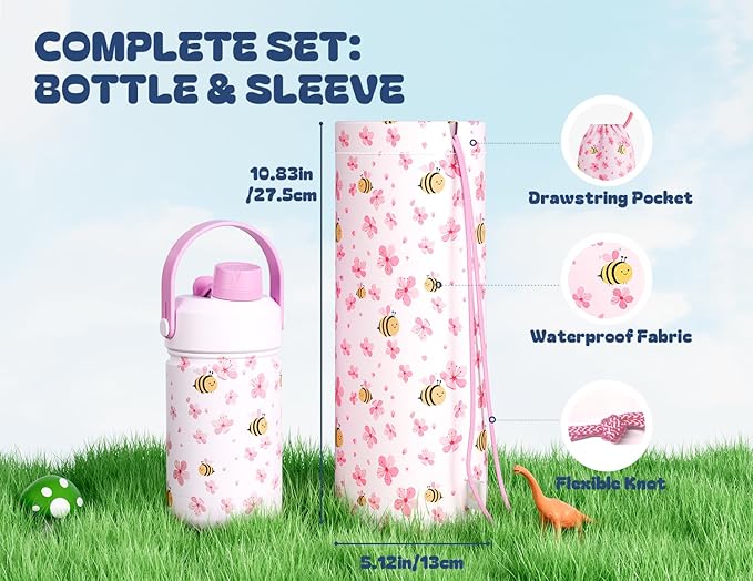 12 oz Kids Stainless Steel Water Bottle: 2-in-1 Straw Spout Lid, Leakproof, BPA-Free, Easy Clean, Keep Cold 24H, Cute Patterns, Stainless Steel Cup for School, Travel, Playtime, Gift (Bee in Bloom)