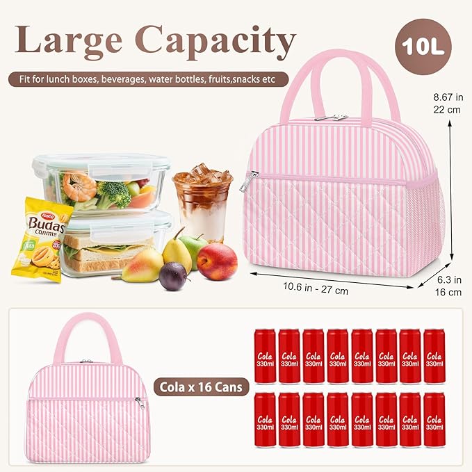 KUBYA Lunch Box for Women Adult Men, Cute Insulated Lunch Bag Women Quilted Reusable Large Lunch Boxes Tote Bag Leakproof Simple Thermal Cooler Bag for Work Office Picnic