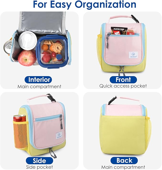 Genteen Kids Lunch Box, Insulated Lunch Bag for Kids, Toddler, Girl, and Boy; Holds Lunch Box, Water Bottle, & Snacks; Easy-Clean Water-Resistant Fabric & Multiple Zippered Pockets (Yellow Blue)