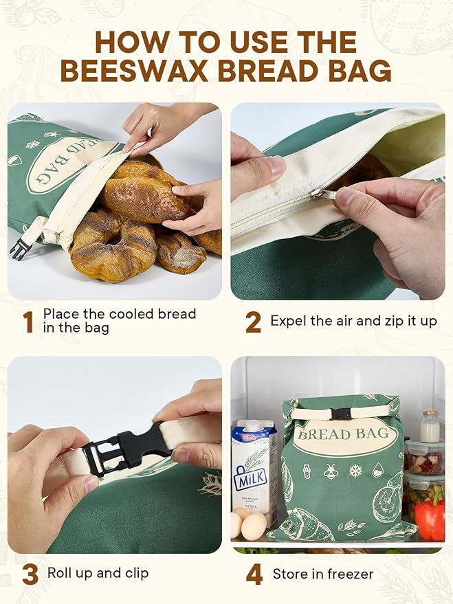 2 Pack Zippered Beeswax Bread Bags 17×13 Inch Large Cotton Sourdough Bread Bags Reusable Bread Storage Bags for Homemade Bread Freezer Safe for Bagel Croissant & Baguette Kitchen Baking Supplies