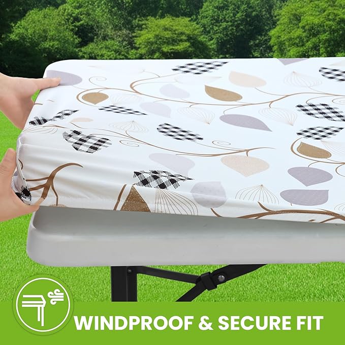 Smiry Spandex Fitted Tablecloth for 6 Foot Rectangle Tables, Washable Picnic Table Cover with Elastic, Stretch Reusable Table Cloth for Outdoor, Camping, Dining & Kitchen (Leaves, 30"x72")