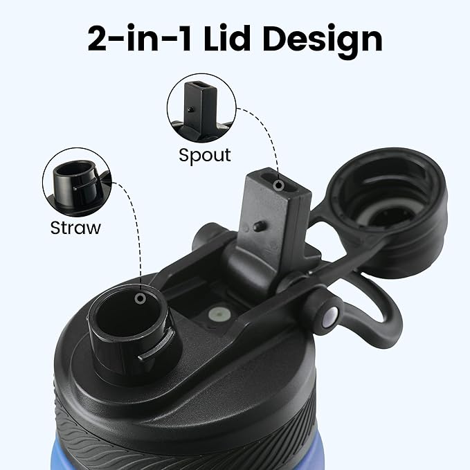 Fijinhom 18 oz Insulated Water Bottle, 2-in-1 Straw and Spout Lid Stainless Steel Thermos, Leak-Proof, Double Wall Vacuum Flask, Keep Cold 24H for Outdoor, Sports, Travel, School (Blue&Black)