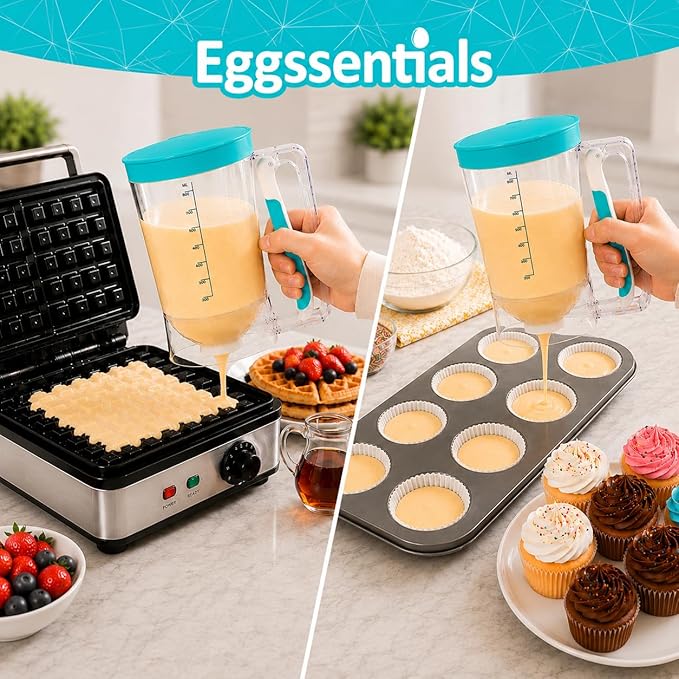 Eggssentials Pancake Dispenser for Batter - Pancake Mix Dispenser Cupcakes, and Muffins – Precision, Mess Free – Cake Mix Dispenser Bottle for Baking & Griddle - Teal Color