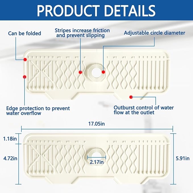 Silicone Sink Mat Splash Guard-17" x 6'' Sink Splash Guard,Kitchen Sink Accessories fit for Countertop, Bathroom,Farmhouse,RV by EBIGIC (White)