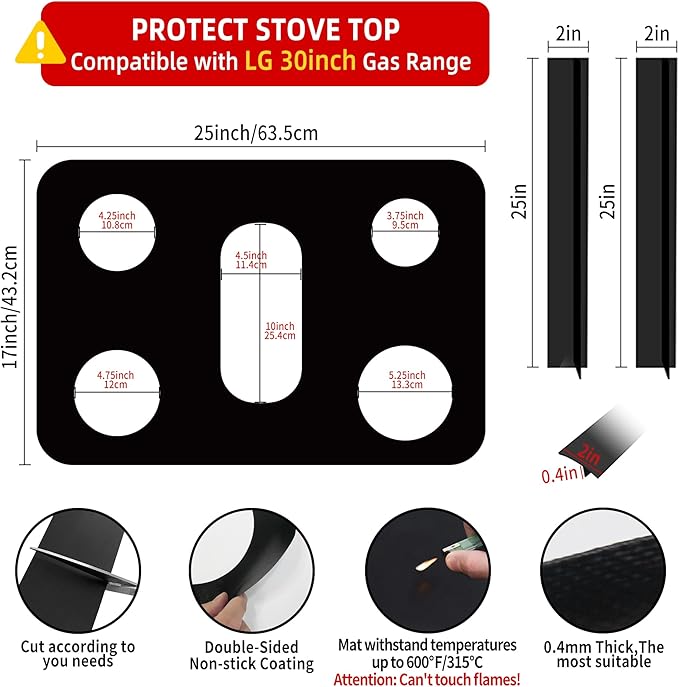 Reusable Stove Burner Top Cover for LG Gas Range, Model LRG3093 LRG3095 LRG3061 LRG3193, Non-Stick Washable Stove Top Cover Mat Protector, Gap Filler for Range Side Guard