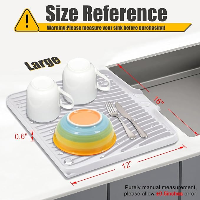 Silicone Dish Drying Mat for Kitchen Counter, Non-Slip Drain Pad with Built-in Drain, Dish Drying Pad, Large Heat Resistant Stone Drying Mat(White 16" x 12")
