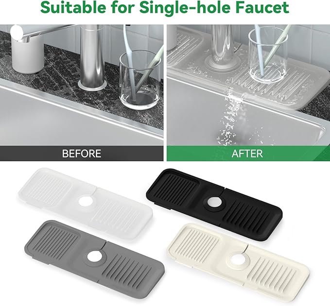 Toovem Kitchen Faucet Sink Splash Guard,14.5x5.5in Silicone Faucet Water Catcher Mat, Faucet Handle Drip Catcher Tray,Soap Sponge Holder for Kitchen, Bathroom, Farmhouse, Countertop Protect, Clear