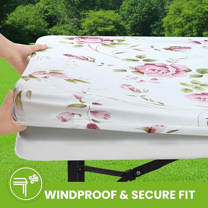 Smiry Spandex Fitted Tablecloth for 6 Foot Rectangle Tables, Washable Picnic Table Cover with Elastic, Stretch Reusable Table Cloth for Outdoor, Camping, Dining & Kitchen (Flowers, 30"x72")