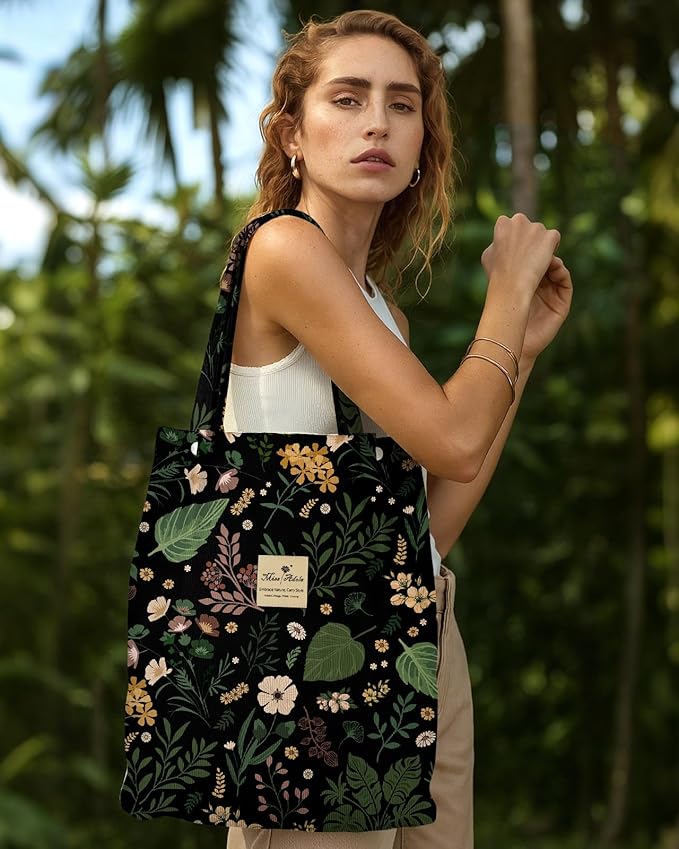 Miss Adola Corduroy Tote Bag for Women - Reusable Totes with Magnetic Buckle & Pocket Aesthetic Design Work Grocery Bags