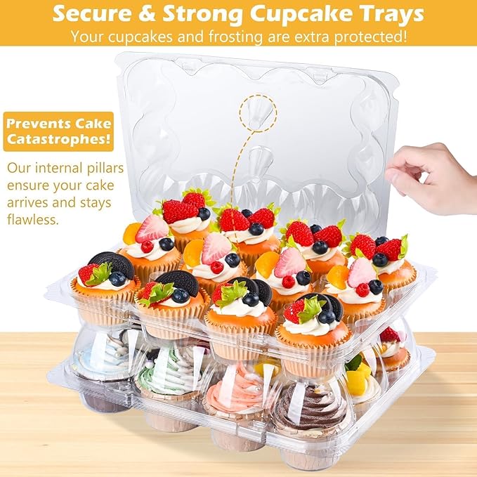 Plastic Cupcake Containers 12 Count (12 Sets), Stackable Cupcake Boxes Holders with Tall Dome Lid, Disposable Cupcake Carrier Trays Include 150 Cupcake Liners